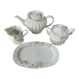 Grace’s Teaware White Porcelain Tea Set Teapot Creamer Sugar Bowl Tray 4 Piece - Picture 1 of 12