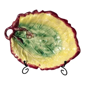 Antique English Staffordshire Pottery Majolica Leaf Plate, Acorn Design - Picture 1 of 10
