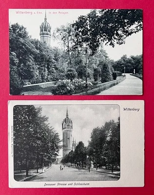 2 x AK WITTENBERG um 1900/10 Anlagen, Dessauer Strasse mit Schlossturm  ( 165184 - Bild 1 von 2