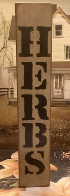“HERBS”~Thick Wood Plaque~Distressed/Lettered~Black/Brown/Cream~10.5”H X 2”W~ - Image 1 of 4