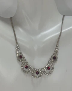 Red Garnet Gemstone Silver Plated Petal Statement 17 inch snake Chain Necklace - Picture 1 of 15