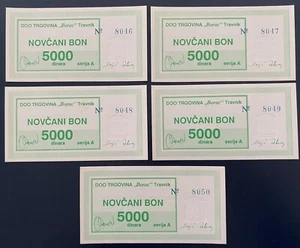 Bosnia,5X5000 dinara, company Borac, city of Travnik UNC, consecutive numbersUNC - Picture 1 of 2