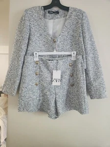 Zara Co-ord Set Textured Blazer & Shorts Ecru/blue Gray Sz L NWT - Picture 1 of 23