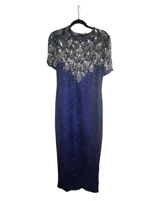 Vestido de cóctel vintage de seda Laurence Kazar con cuentas de lentejuelas azul real y blanco Foto 1 de 4