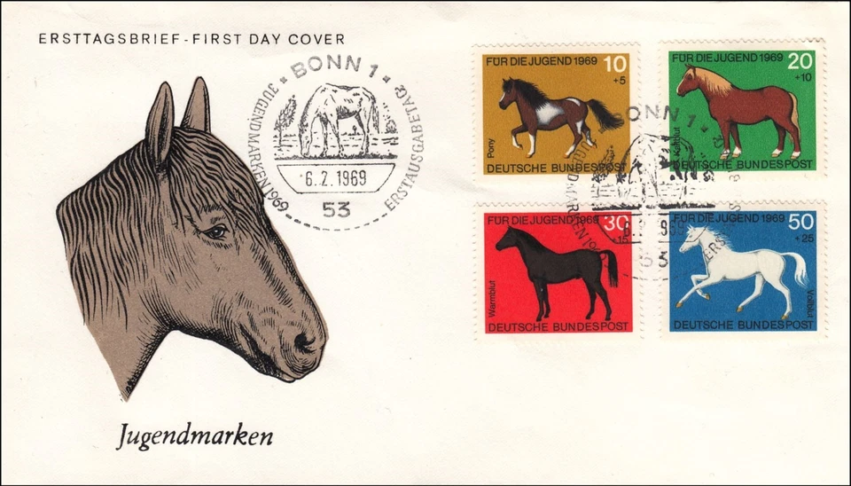 Horse Horses Set Jugendmarken Bonn Germany Pets Mint FDC Cover 1969 - Image 1 of 1