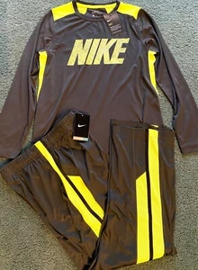 NWT Nike YLG Dri-Fit Dark Gray/Neon Yellow BIG LOGO Long Sleeve Shirt/Pants Set - Picture 1 of 4