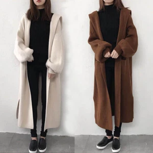 Womens Hooded Wool Blend Sweater Cardigan Outwear Oversize Coat Long Sweater - Picture 1 of 12