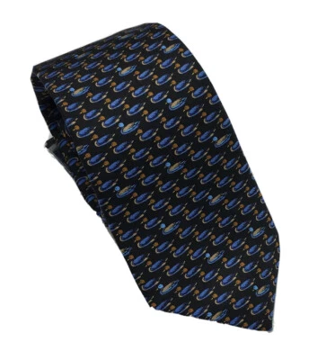 Corbata de cuello Cremieux negra con estampado de patos azules 100 % seda $59+ ¡NUEVA bonita! Foto 1 de 4