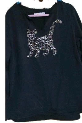 Quacker Factory Sequin Cat Sweatshirt 2x Black - Image 1 of 3