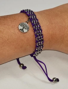 Purple Macrame Christian Metal Bracelet "Leave all for Christ" Adjustable Cord - Picture 1 of 12