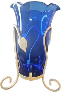 Vintage Kerzenständer Kobaltblau mit weiß lackiertem Metallrahmen - Bild 1 von 12