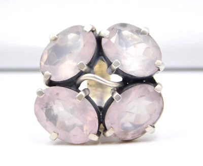 Anillo fino de piedras preciosas de corte de cuarzo rosa natural de plata de ley 925 de 22,7 gm tamaño 8" EE. UU. Foto 1 de 4