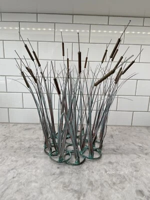 Kinetic Cattail Lily Pad Bronze & Copper Sculpture Max Howard (?) 16” Tall - Image 1 of 4