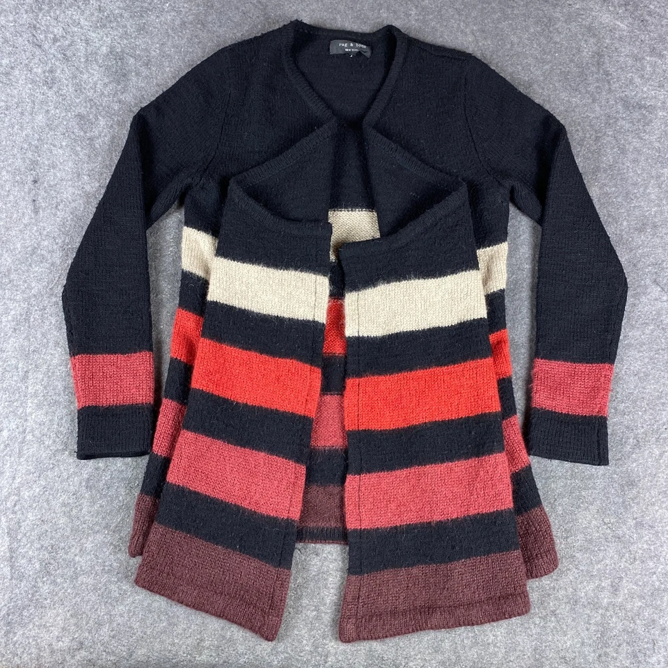 Rag Bone Sweater Womens Medium Black Red Striped Cardigan Waterfall Wrap - Image 1 of 4