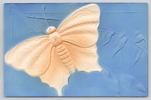 Postcard Cream Butterfly Airbrushed and Embossed on Blue Backdrop - Picture 1 of 2