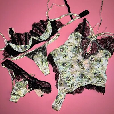 Victoria's Secret Designer 34B,34D BRA 套装 + 丁字裤 + TEDDY 幻想岛 绿色丝绸 — 第 1/4 张图片