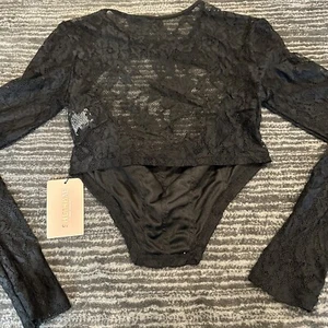 Shein Bustier Womens M Black Lace Crop Top Long Sleeves Sexy Sheer Open Back New - Picture 1 of 9
