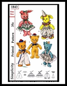 Simplicity 1843 Stofftier Stoff Muster Spielzeug Katze Kätzchen Hase Hund Welpe WOW - Bild 1 von 5