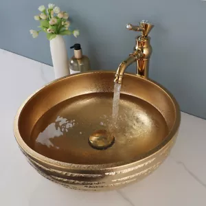 Bathroom Gold Round Ceramic Basin Sink Bowl Tap Pop Drain Mixer Faucet Set - Picture 1 of 13