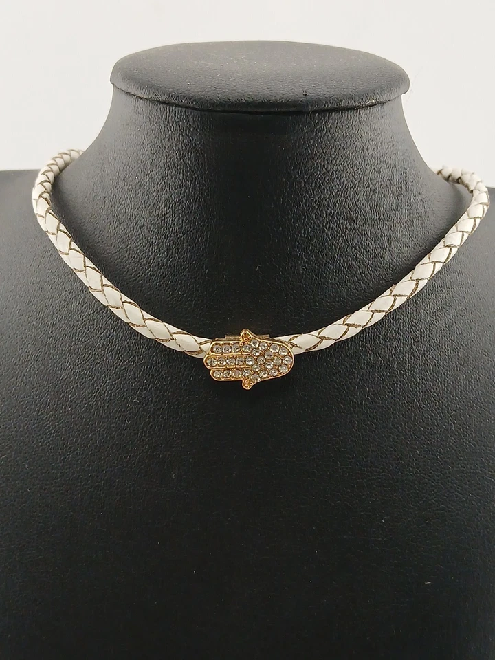 GUESS Collar Chocker Hamsa Piedras Transparentes Tono Dorado Cuero Trenzado Blanco Foto 1 de 4