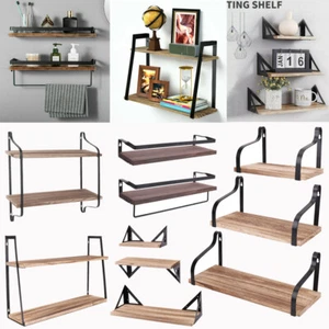 Wood Industrial Metal Floating Wall Mounted Shelves Rack Hanging Storage Display - Picture 1 of 110