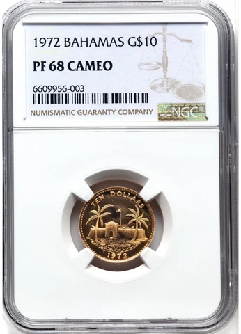 1972 Bahamas $10 Gold Coin Elizabeth II Proof NGC PF 68 Cameo Cover