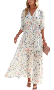 NEW Flowy Wrap V Neck 3/4 Sleeve Floral Slit Maxi Dress M - Picture 1 of 7
