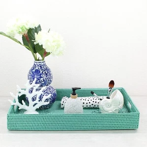 NEW Tight Woven Rectangle Rattan Tray for Luxury Homes- Extra Large, Turquoise - Picture 1 of 4