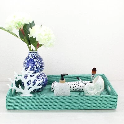 NEW Tight Woven Rectangle Rattan Tray for Luxury Homes- Extra Large, Turquoise - Image 1 of 4