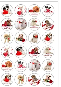 24 PRE-CUT Valentines Day Cute PUPPIES Edible Wafer Paper Cake Toppers