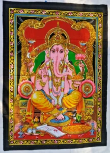 Ganesha Indian Wall Hanging Hindu God Ganesh Cotton Tapestry Sequin work India - Picture 1 of 6