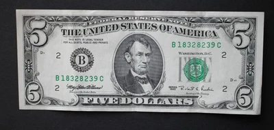 1995 $5 New York Federal Reserve Note/F-1984B/about uncirculated/FREE SHIPPING! - Image 1 of 4