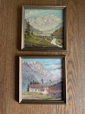 Antikes gerahmtes Öl auf Karton Landschaften Paar Bayerische Berge - Bild 1 von 4