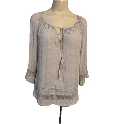 Spense Cream Boho Peasant Small Top Crochet Tie Neck Gauzy Airy Lagenlook - Image 1 of 4