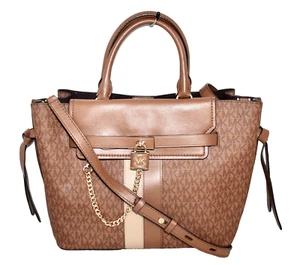 MICHAEL KORS Hamilton Legacy Large Logo Stripe Belted Satchel Tan Brn 30S2G9HS7B - Picture 1 of 9