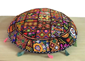 32" Round Black Rajkoti Patchwork Mandala Decorative Floor Pillow Cushion Cover - Picture 1 of 3