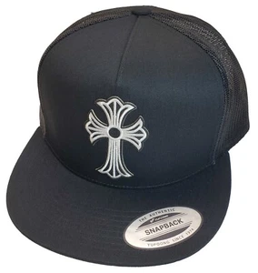 White Cross Patch on Yupoong Trucker Hat YP Classic 6006 Snapback Black/Black - Picture 1 of 9