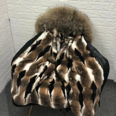 Abrigo forrado de piel de zorro real para hombre con cuello de piel de conejo parques con capucha ropa exterior de invierno cálido Foto 1 de 4