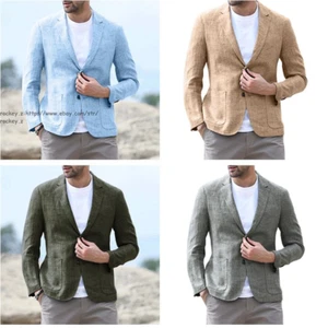 New Men's Cotton linen Coat Casual Lightweight Blazers Summer Business Jackets - Picture 1 of 19