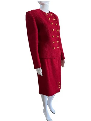 Albert Nipon Boutique Vintage 80s Red Wool Tweed Suit Sz 6 Gold Buttons Military - Image 1 of 4