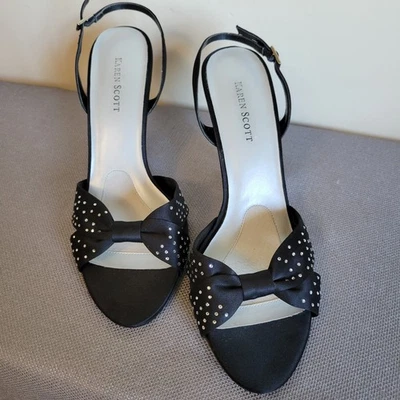 NWOT Karen Scott 9M Romeo Strappy Sling Back Open Toe Rhinestone Satin Heels - Image 1 of 4