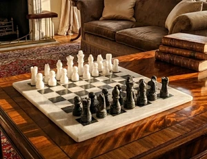 12" Marble Chess set, gift storage box, black & white chess board & chess pieces - Picture 1 of 20