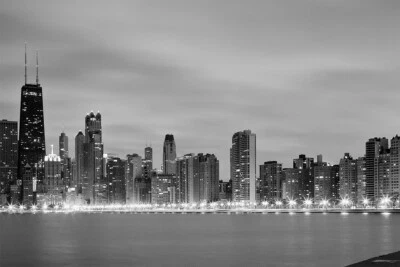Chicago Skyline черно-белый панорамный картина искусства стены - плакат 20 x 30 - Изображение 1 из 4