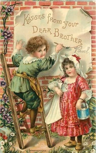 Postcard 1910 Brundage Children Brother kiss greeting 22-13910 - Picture 1 of 2