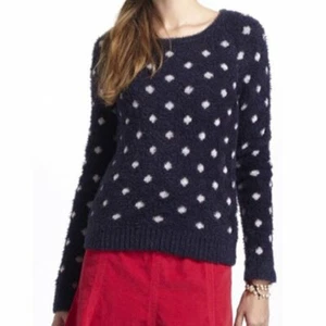 Anthropologie Moth Pullover Eyelash Sweater Sz M Navy Cream Polka Dots Fuzzy - Picture 1 of 7