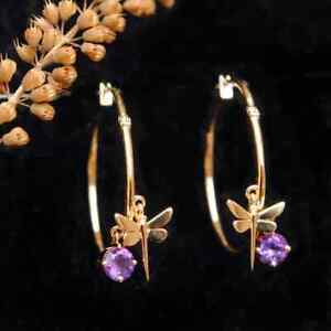 14K Yellow Gold Plated Round Lab-Created Amethyst Women Dragonfly Hoop Earrings