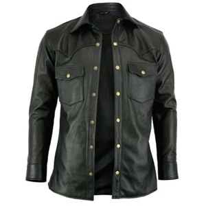 Herren weiches schwarzes Leder Slim Fit Langarm Knopfleiste Hemd LeatherViz - Bild 1 von 5