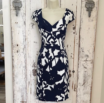 Adrianna Papell Size 4 Womans Black Navy Blue White Sheath Career Cocktail Dress - Image 1 of 4