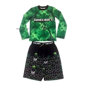 Minecraft Boy Swimsuit Size 5 6 8 10 12 Swim Trunks Rash Guard Shirt Set Creeper - Picture 1 of 3
