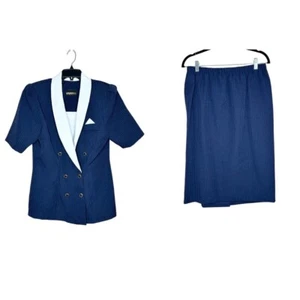 Pearls Pinstripe Skirt Suit Set Short Sleeve Blazer Vintage Size 16 Office Nice - Bild 1 von 8